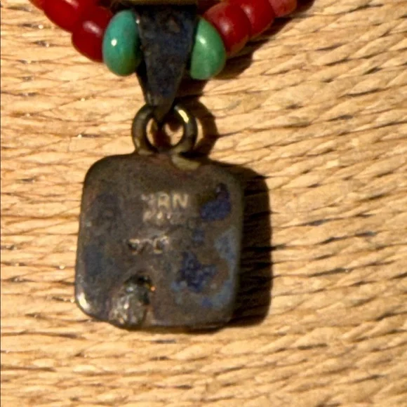 Artisan Red coral  Beaded Necklace with Turquoise Charm Sterling Silver vintage - Picture 7 of 17